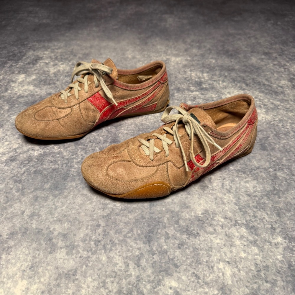 Kowalski Tan Suede Red Stripe Low Top Sneakers Made in Spain EU 38 - Picture 4 of 8